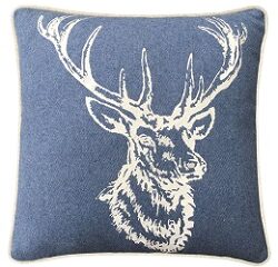 Piped Cream Blue Wool Cushion With Silver Stag Head