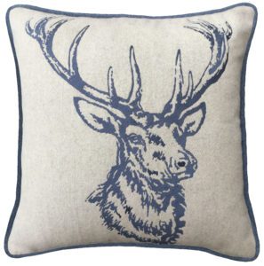 Piped blue cream wool cushion with silver stag head