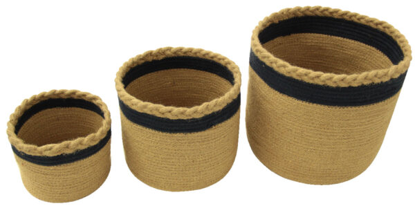 Set of three natural and navy jute baskets